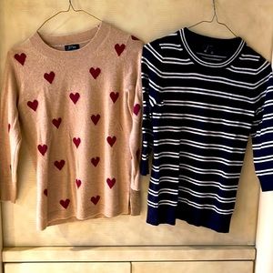J Crew cashmere sweaters - sizes XS -tan with plum hearts & navy with white